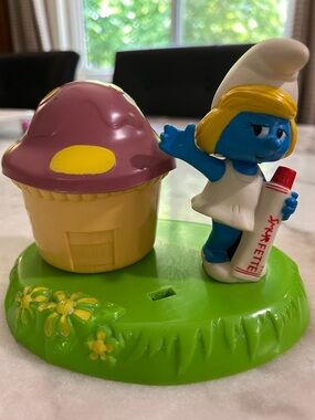 Smurfette Vintage Toothbrush Holder Yellow Mushroom 1980 Talbot Toys Smurfs